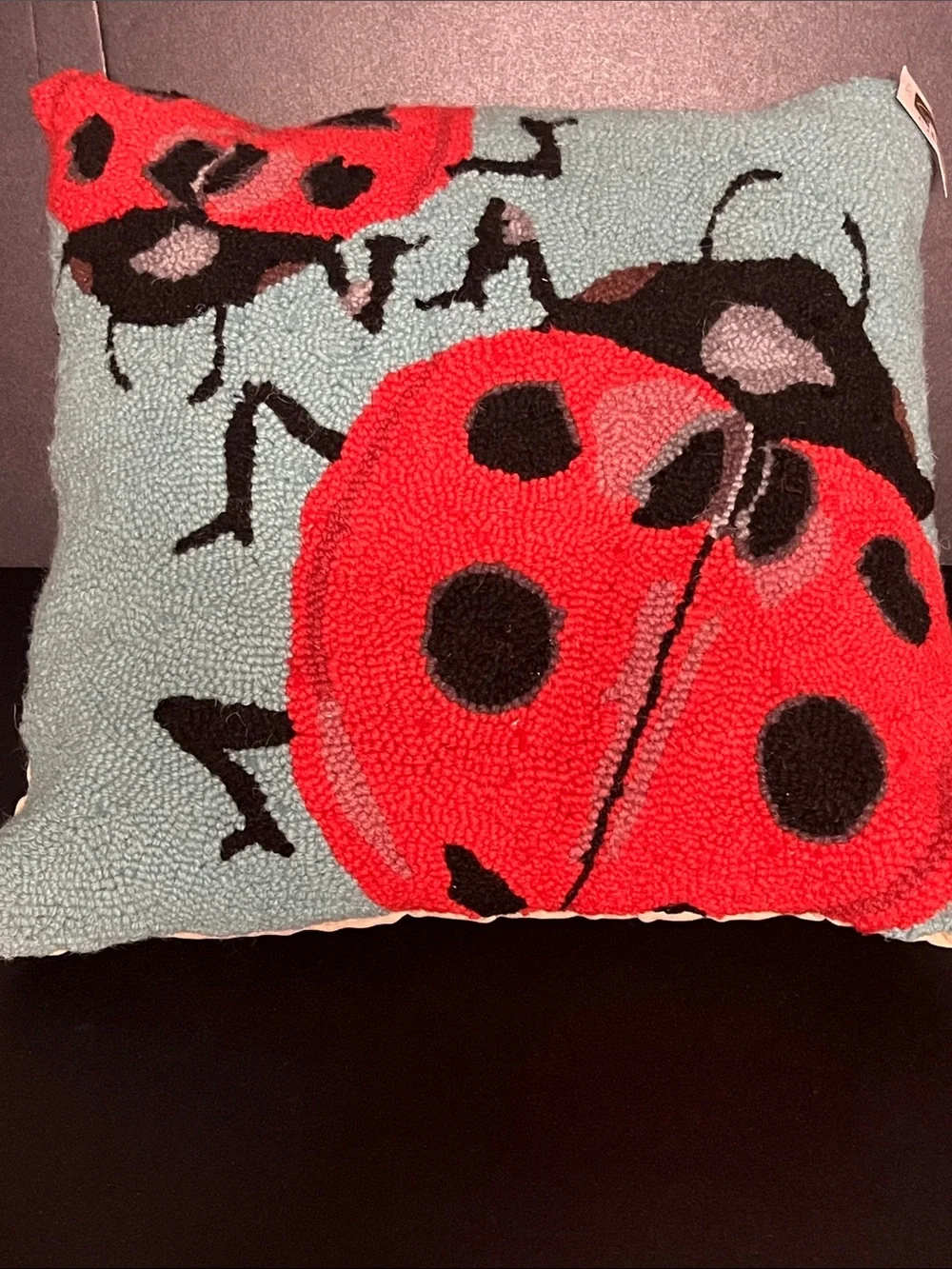 Peking Handicrafts wool ladybug pillow 18” x 18”poly velvet back - NWT